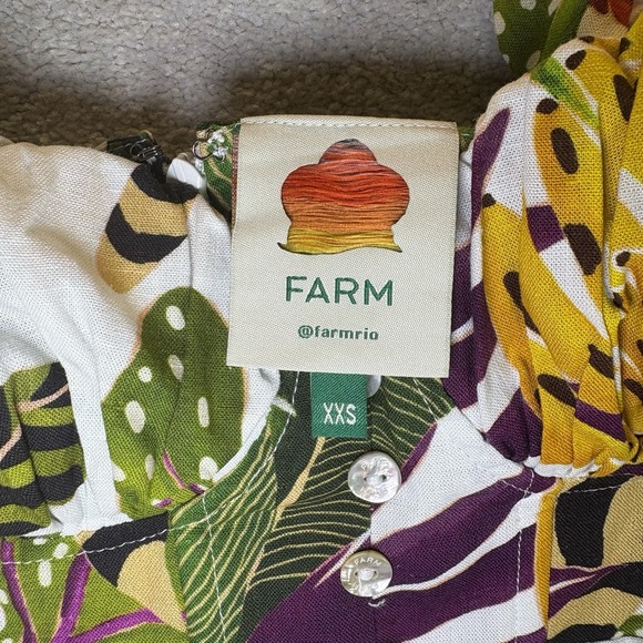 Farm Rio Linen Mini Dress Forest Stripe Tropical Print Ivory Ruffle Strap Sz XXS - Picture 3 of 12